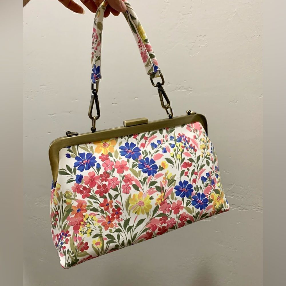 Handmade Genuine Nubuck Calfskin Floral Print Push-lock Bag & 2 Chains Style